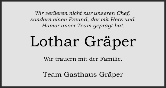 Anzeige von Lothar Gräper von Mindener Tageblatt