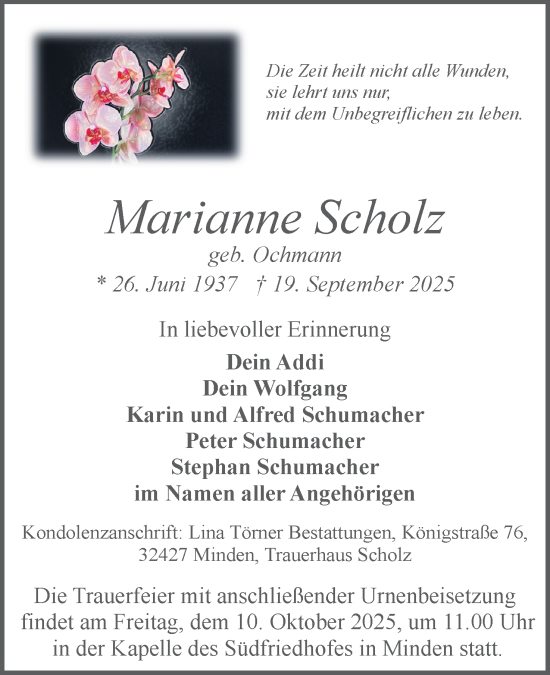 Anzeige von Marianne Scholz von Mindener Tageblatt