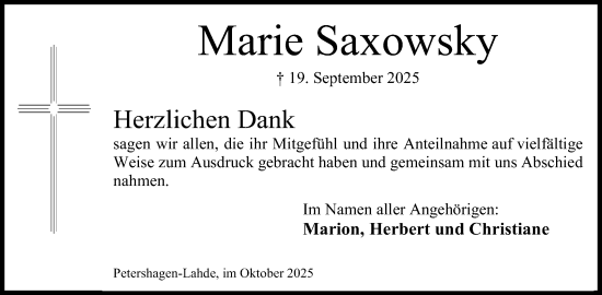 Anzeige von Marie Saxowsky von Mindener Tageblatt