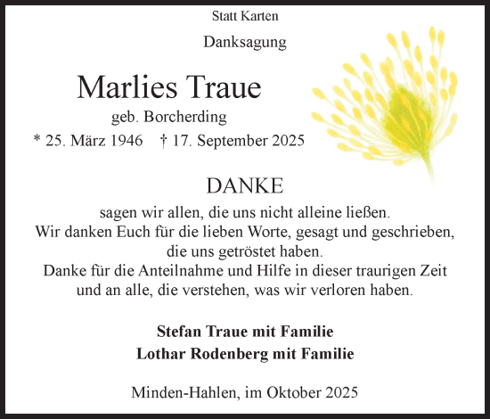Anzeige von Marlies Traue von Mindener Tageblatt
