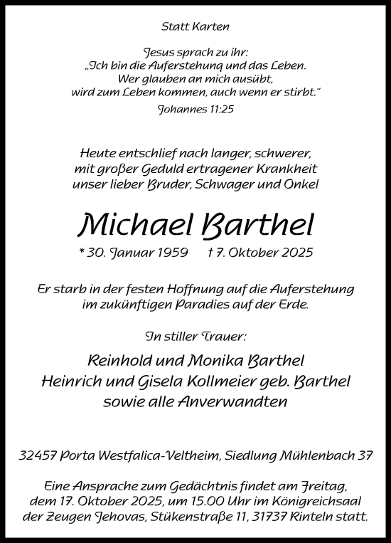 Anzeige von Michael Barthel von Mindener Tageblatt