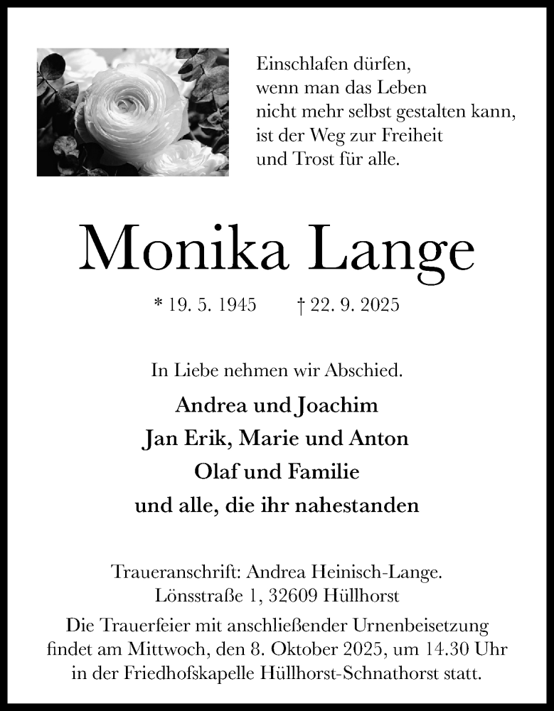  Traueranzeige für Monika Lange vom 04.10.2025 aus Mindener Tageblatt