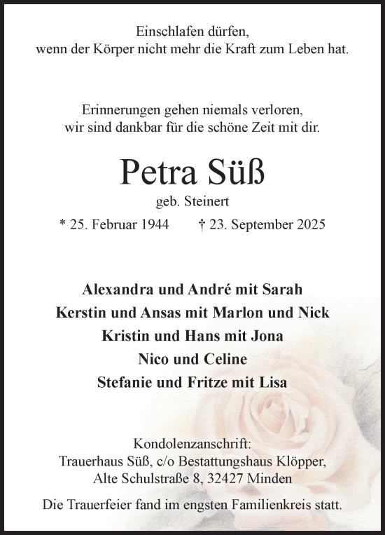 Anzeige von Petra Süß von Mindener Tageblatt