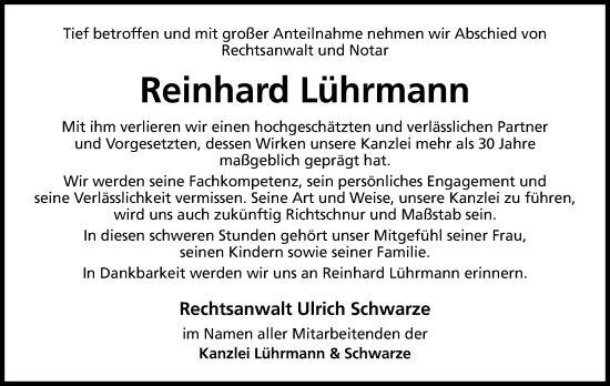 Anzeige von Reinhard Lührmann von Mindener Tageblatt
