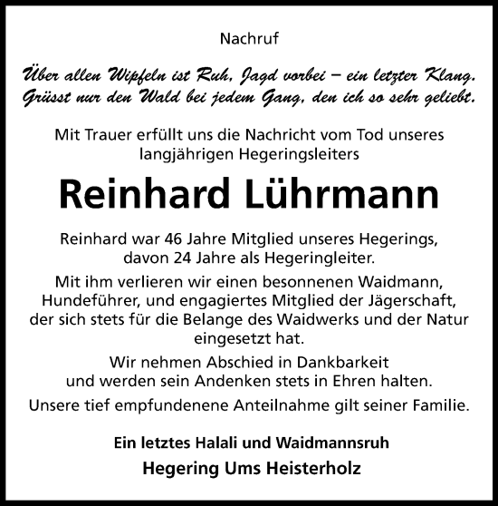 Anzeige von Reinhard Lührmann von Mindener Tageblatt