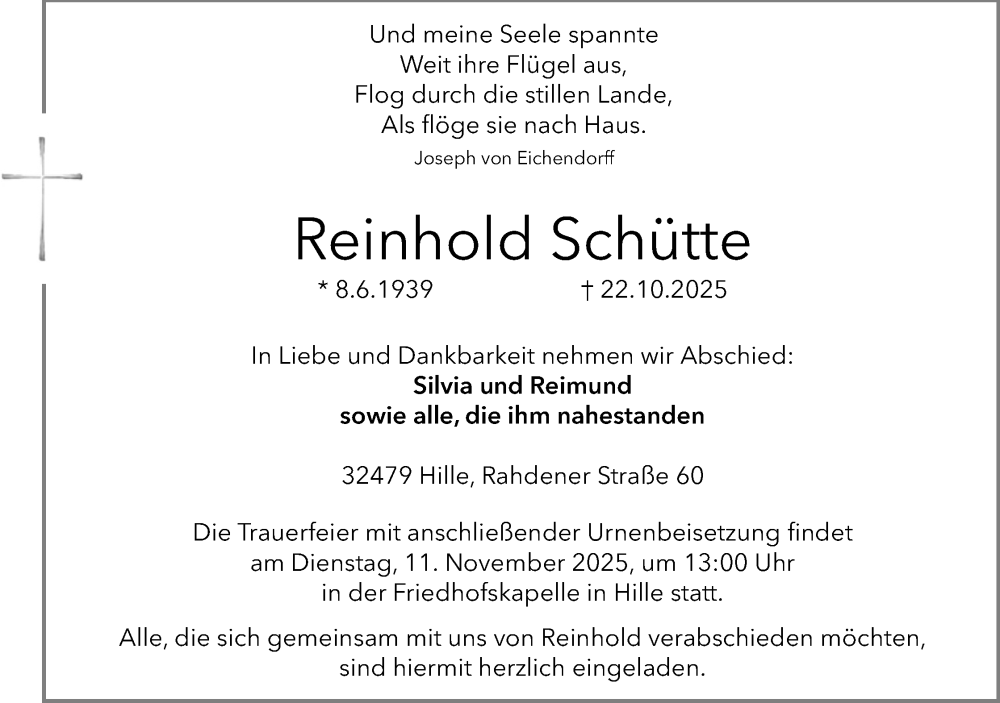  Traueranzeige für Reinhold Schütte vom 31.10.2025 aus Mindener Tageblatt