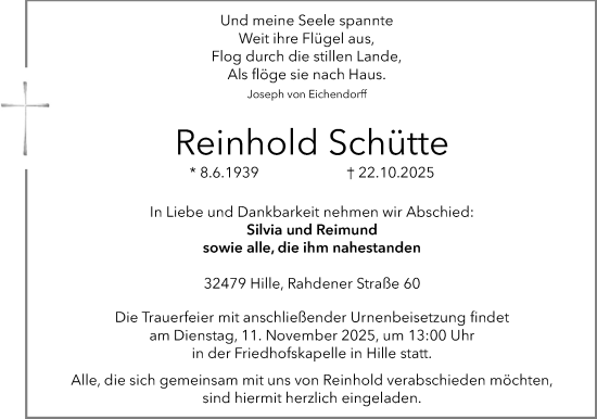 Anzeige von Reinhold Schütte von Mindener Tageblatt
