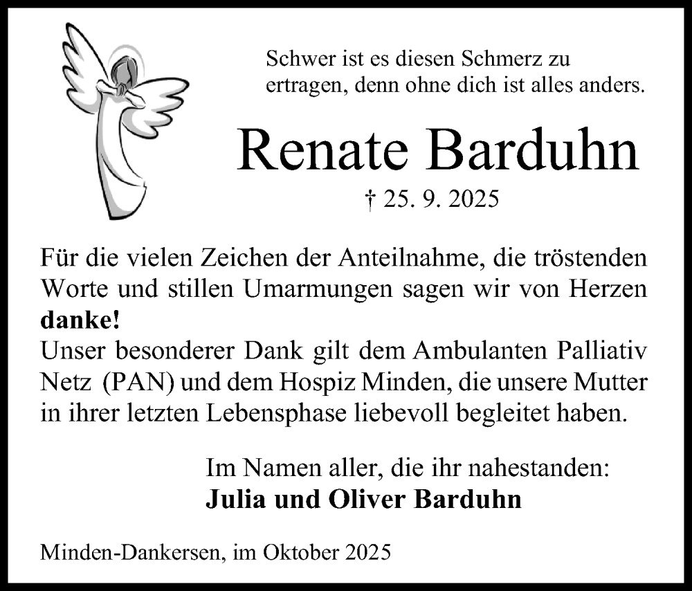  Traueranzeige für Renate Barduhn vom 25.10.2025 aus Mindener Tageblatt