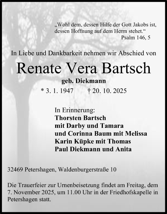 Anzeige von Renate Vera Bartsch von Mindener Tageblatt