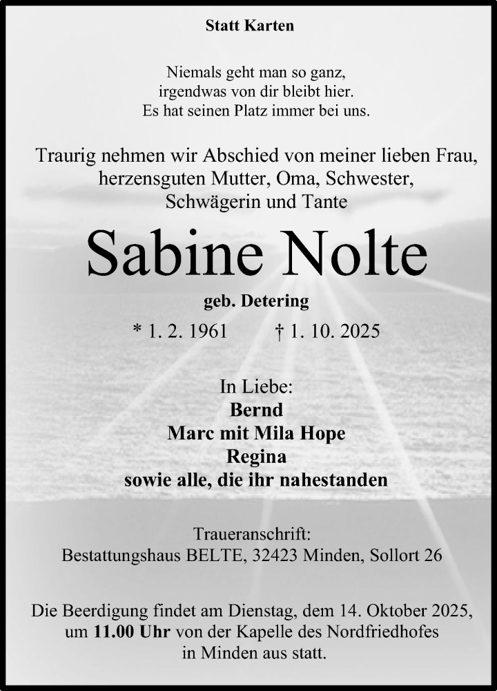  Traueranzeige für Sabine Nolte vom 11.10.2025 aus Mindener Tageblatt