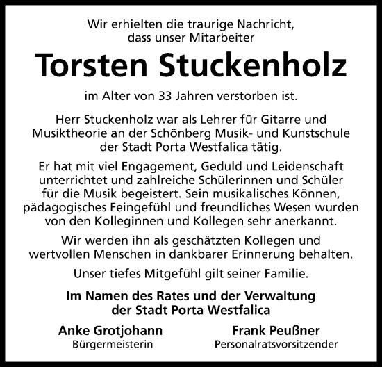 Anzeige von Torsten Stuckenholz von Mindener Tageblatt