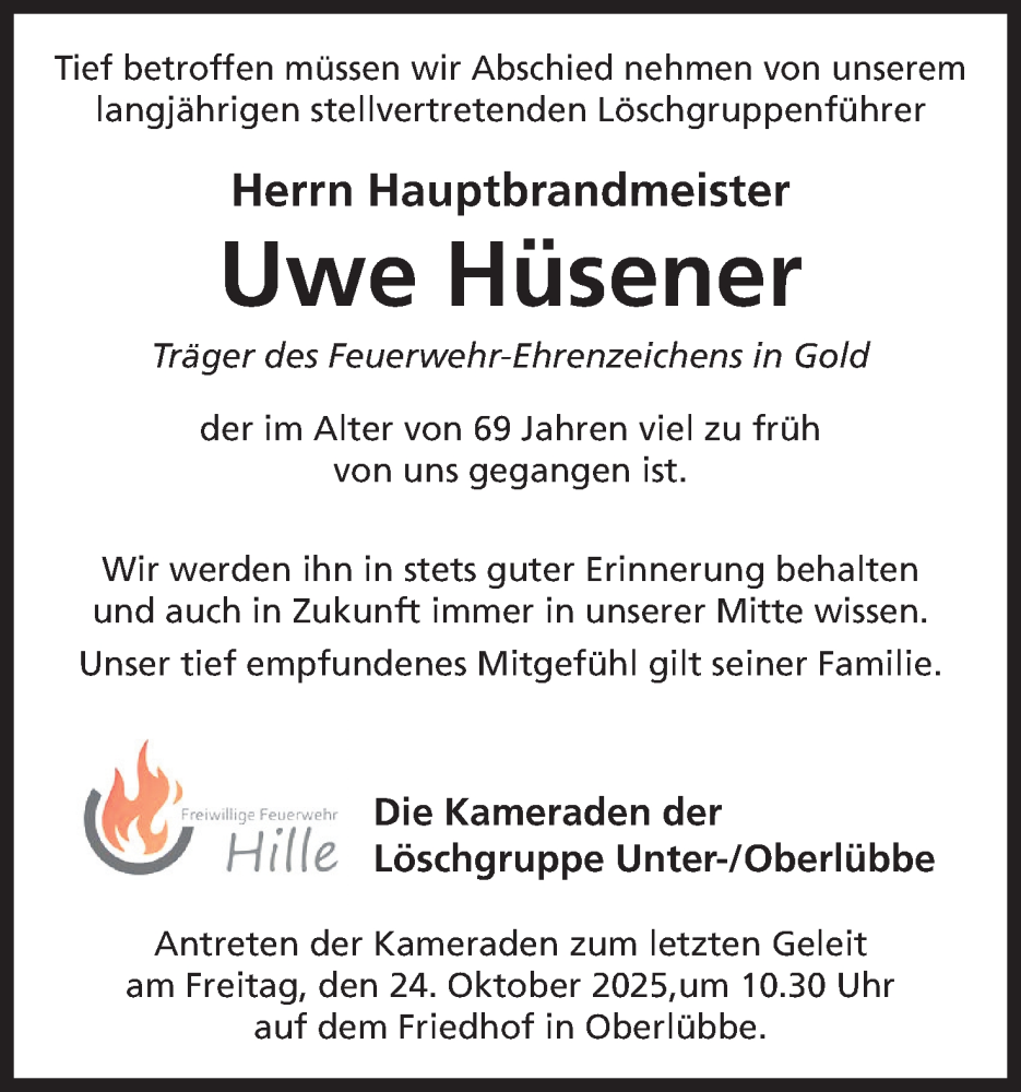  Traueranzeige für Uwe Hüsener vom 23.10.2025 aus Mindener Tageblatt