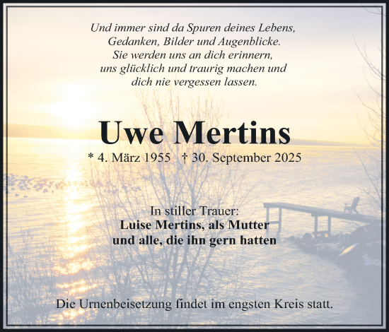 Anzeige von Uwe Mertins von Mindener Tageblatt