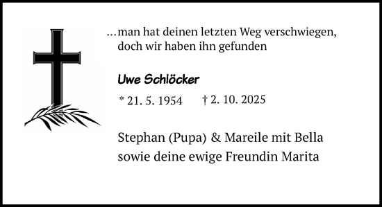 Anzeige von Uwe Schlöcker von Mindener Tageblatt