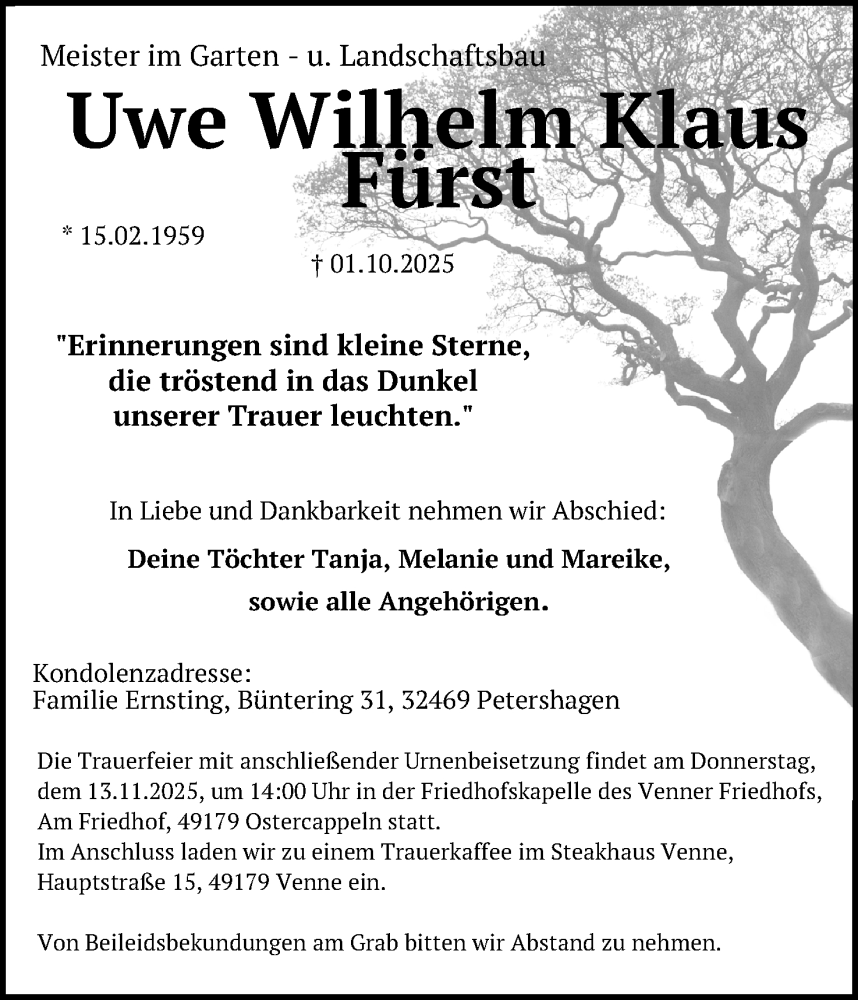  Traueranzeige für Uwe Wilhelm Klaus Fürst vom 30.10.2025 aus Mindener Tageblatt