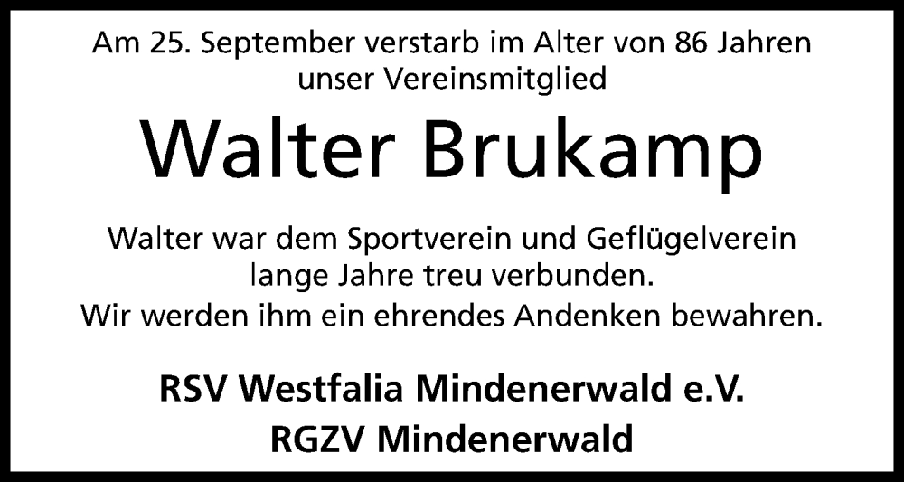  Traueranzeige für Walter Brukamp vom 04.10.2025 aus Mindener Tageblatt