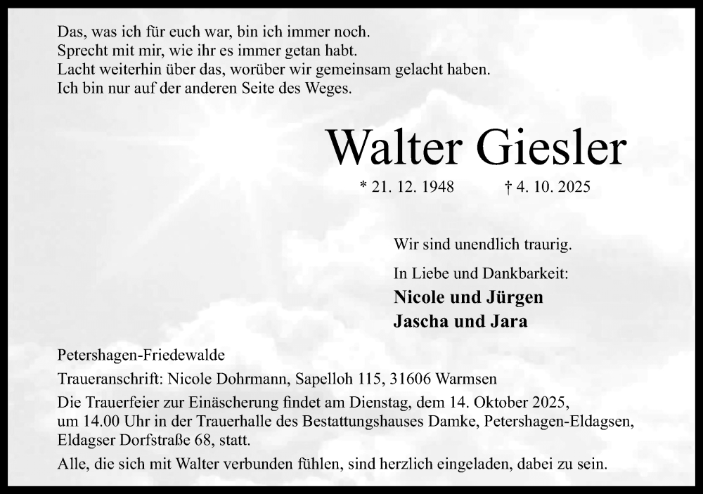  Traueranzeige für Walter Giesler vom 11.10.2025 aus Mindener Tageblatt