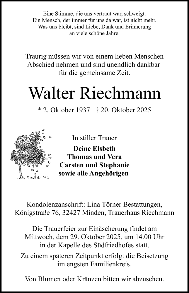  Traueranzeige für Walter Riechmann vom 25.10.2025 aus Mindener Tageblatt