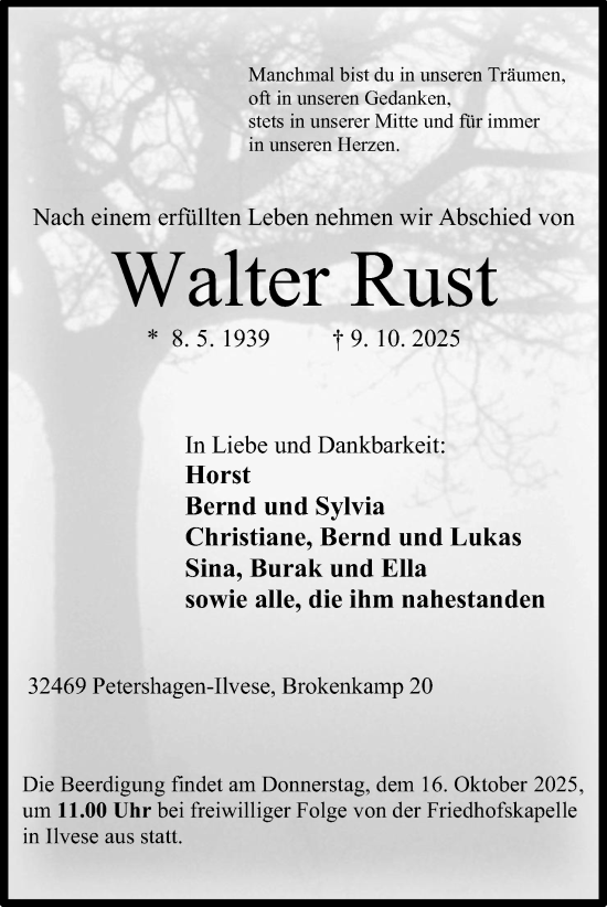 Anzeige von Walter Rust von Mindener Tageblatt
