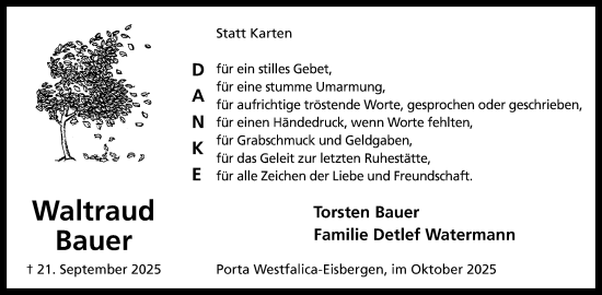 Anzeige von Waltraud Bauer von Mindener Tageblatt