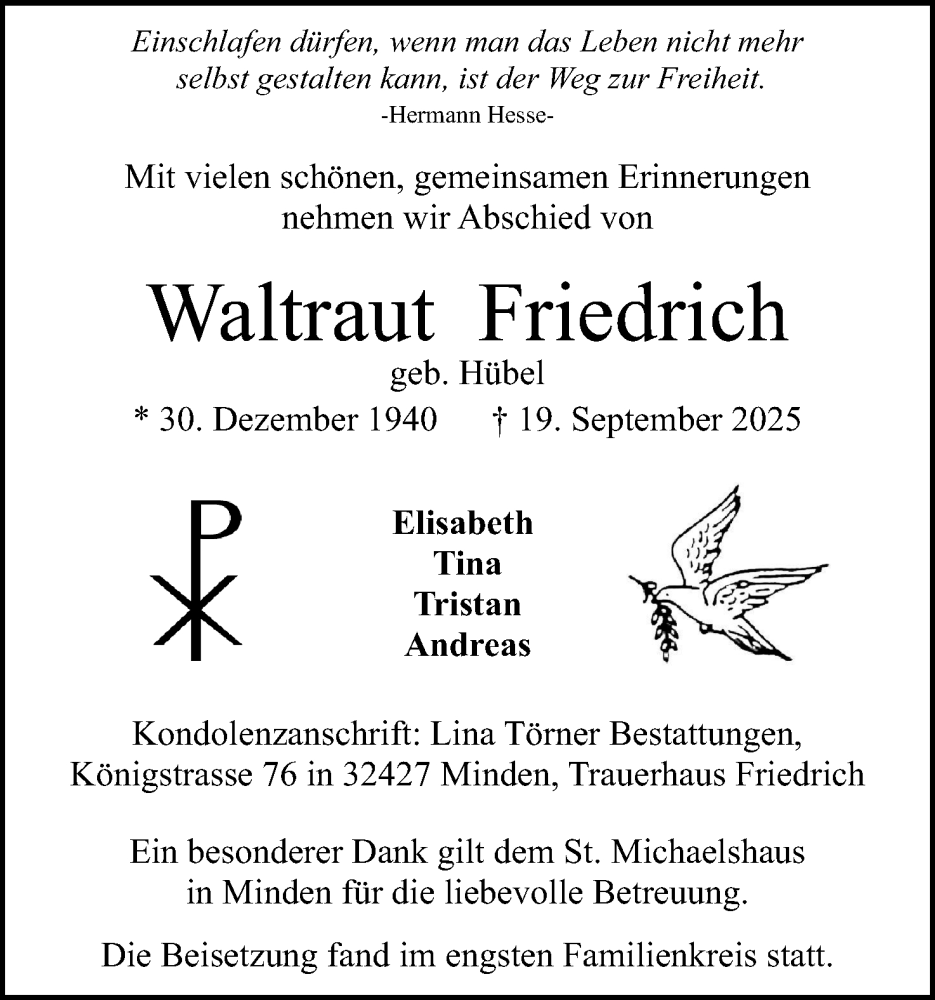  Traueranzeige für Waltraut Friedrich vom 04.10.2025 aus Mindener Tageblatt