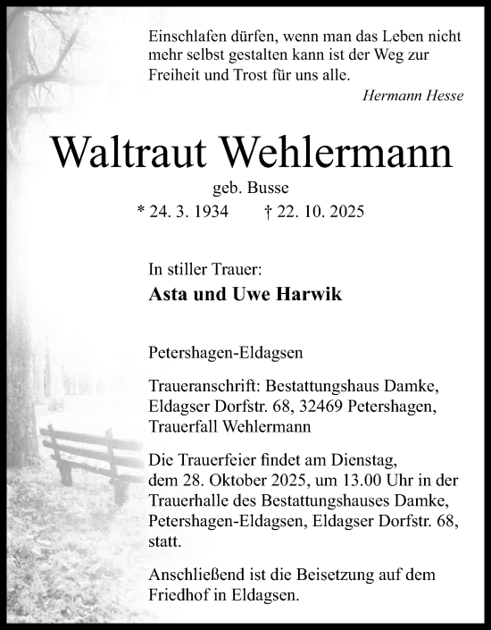 Anzeige von Waltraut Wehlermann von Mindener Tageblatt