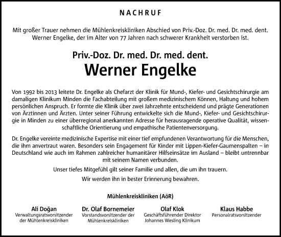 Anzeige von Werner Engelke von Mindener Tageblatt
