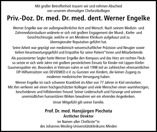 Anzeige von Werner Engelke von Mindener Tageblatt