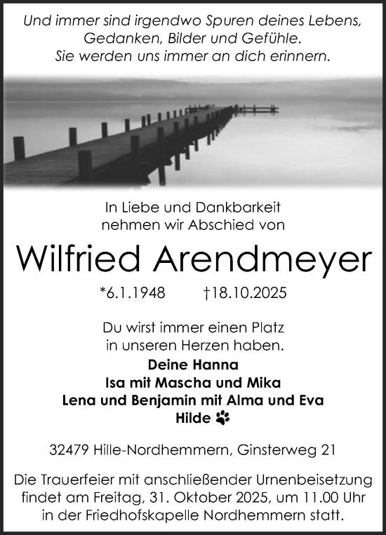 Anzeige von Wilfried Arendmeyer von Mindener Tageblatt