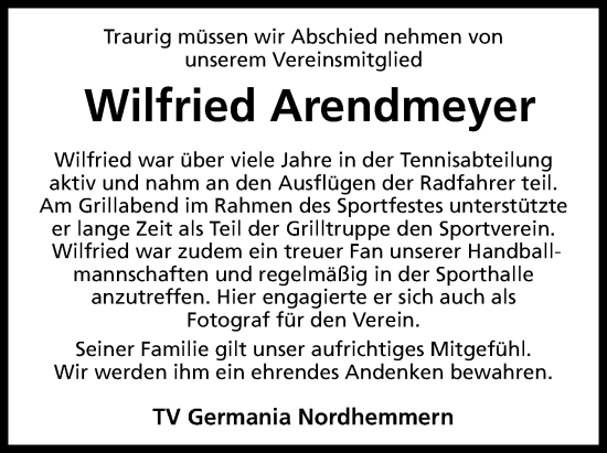 Anzeige von Wilfried Arendmeyer von Mindener Tageblatt