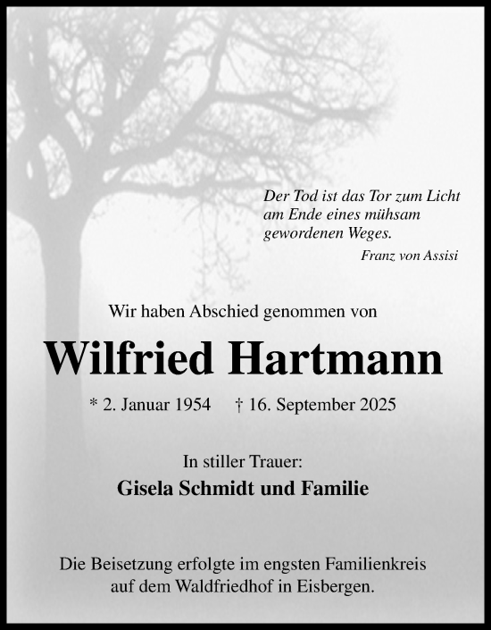 Anzeige von Wilfried Hartmann von Mindener Tageblatt
