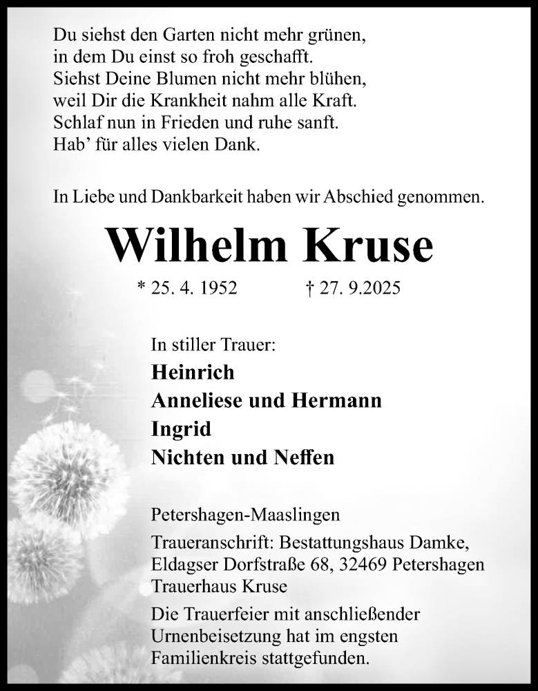  Traueranzeige für Wilhelm Kruse vom 11.10.2025 aus Mindener Tageblatt