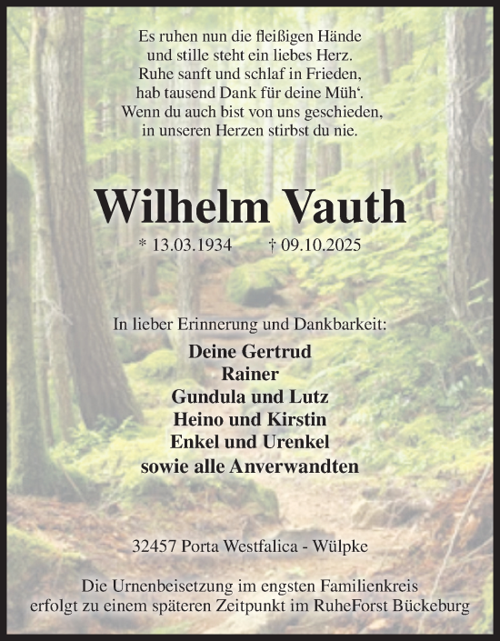 Anzeige von Wilhelm Vauth von Mindener Tageblatt