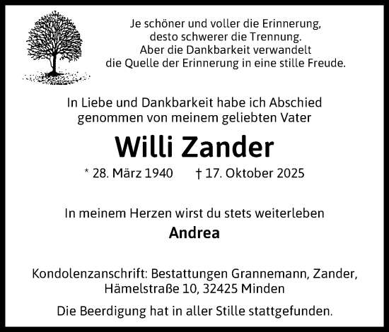 Anzeige von Willi Zander von Mindener Tageblatt