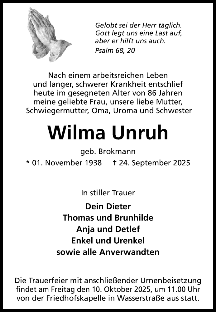  Traueranzeige für Wilma Unruh vom 04.10.2025 aus Mindener Tageblatt
