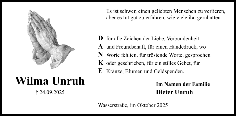  Traueranzeige für Wilma Unruh vom 25.10.2025 aus Mindener Tageblatt