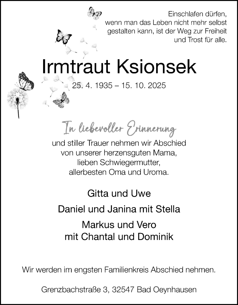  Traueranzeige für Irmtraut Ksionsek vom 17.11.2025 aus 