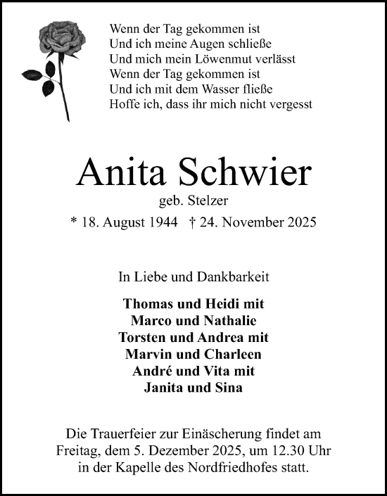 Anzeige von Anita Schwier von Mindener Tageblatt