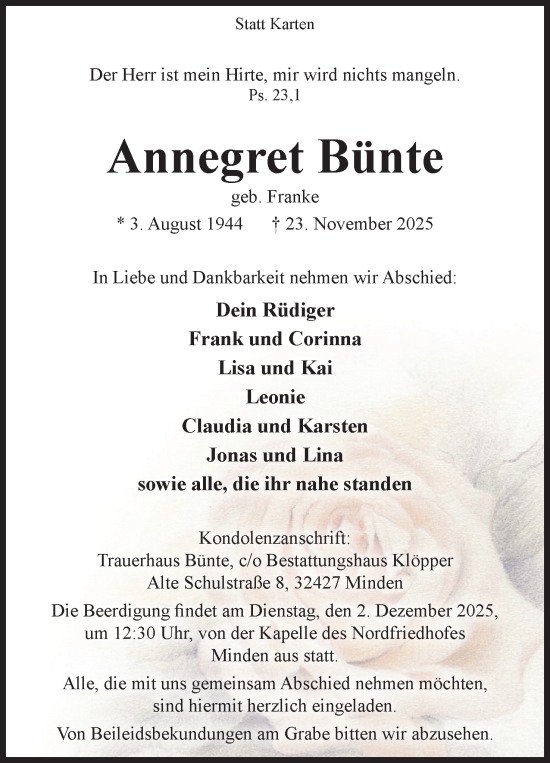 Anzeige von Annegret Bünte von Mindener Tageblatt