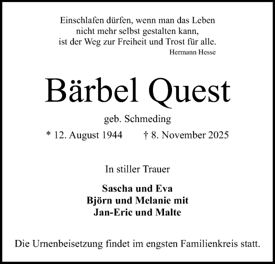 Anzeige von Bärbel Quest von Mindener Tageblatt