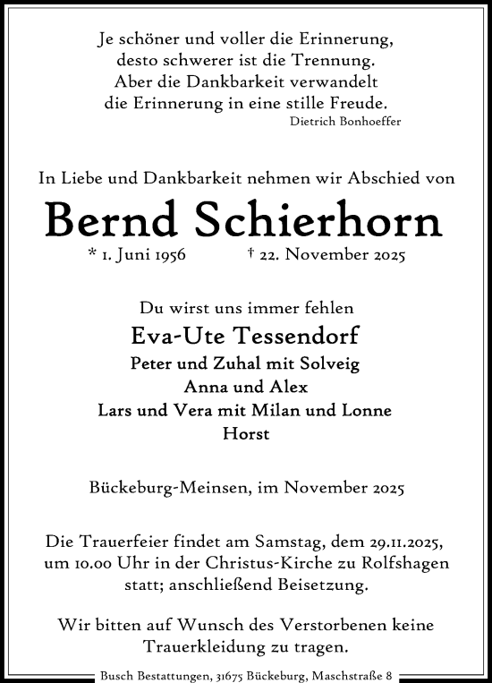 Anzeige von Bernd Schierhorn von Mindener Tageblatt