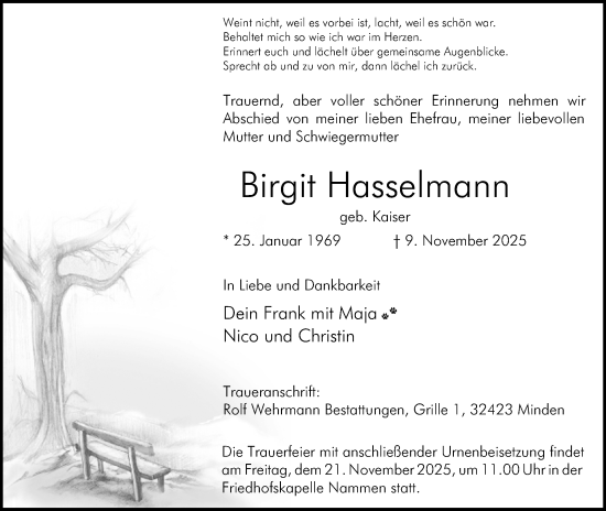 Anzeige von Birgit Hasselmann von Mindener Tageblatt