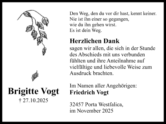 Anzeige von Brigitte Vogt von Mindener Tageblatt