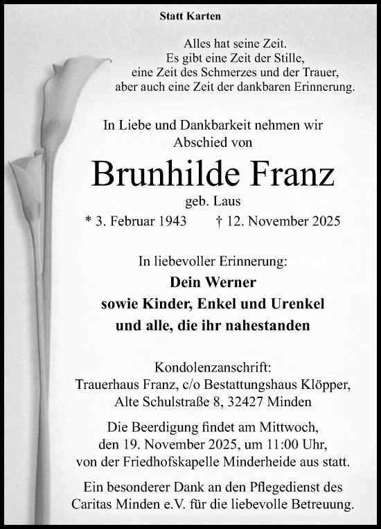 Anzeige von Brunhilde Franz von Mindener Tageblatt