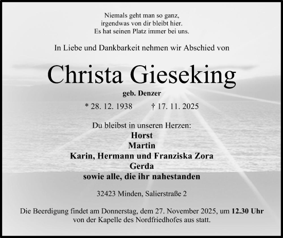 Anzeige von Christa Gieseking von Mindener Tageblatt
