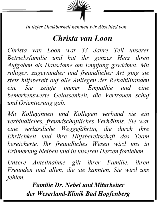 Anzeige von Christa Van Loon von Mindener Tageblatt