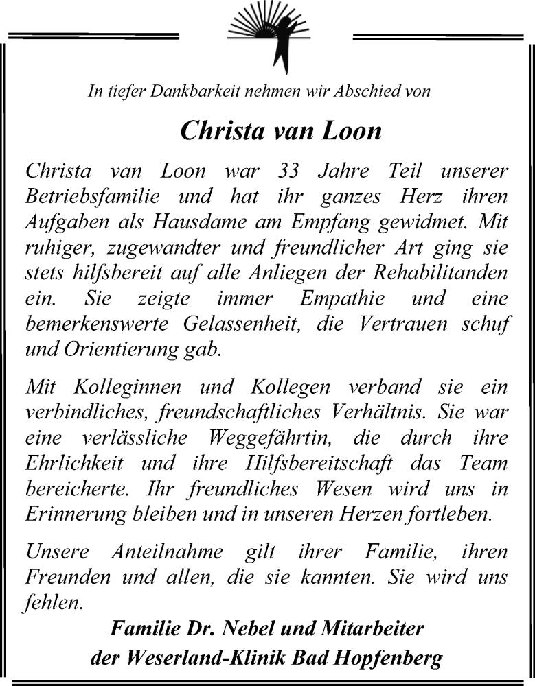  Traueranzeige für Christa Van Loon vom 14.11.2025 aus Mindener Tageblatt