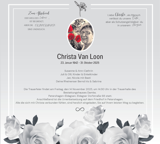 Anzeige von Christa Van Loon von Mindener Tageblatt
