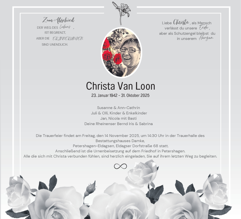  Traueranzeige für Christa Van Loon vom 08.11.2025 aus Mindener Tageblatt