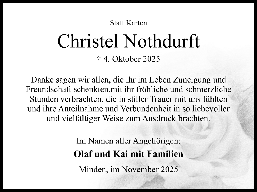  Traueranzeige für Christel Nothdurft vom 29.11.2025 aus Mindener Tageblatt